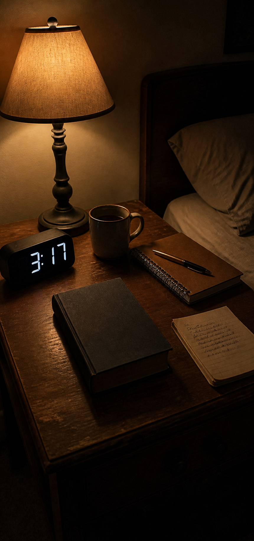 A warm bedside lamp, clock, notebook, and pen at night